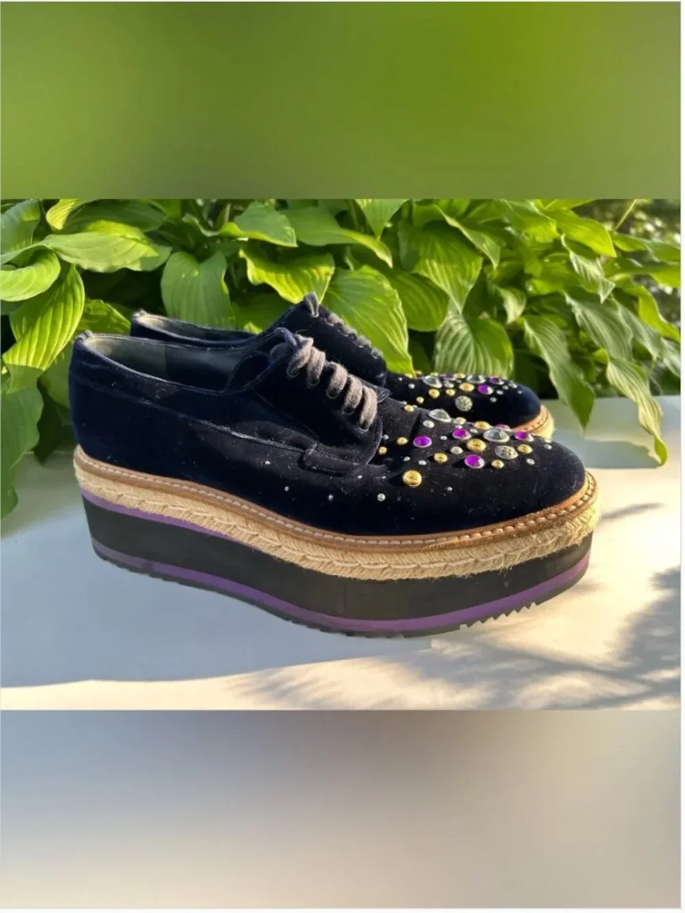 PRADA Velvet Platform Oxford Espadrille Embellished Crystals Shoes Size 40